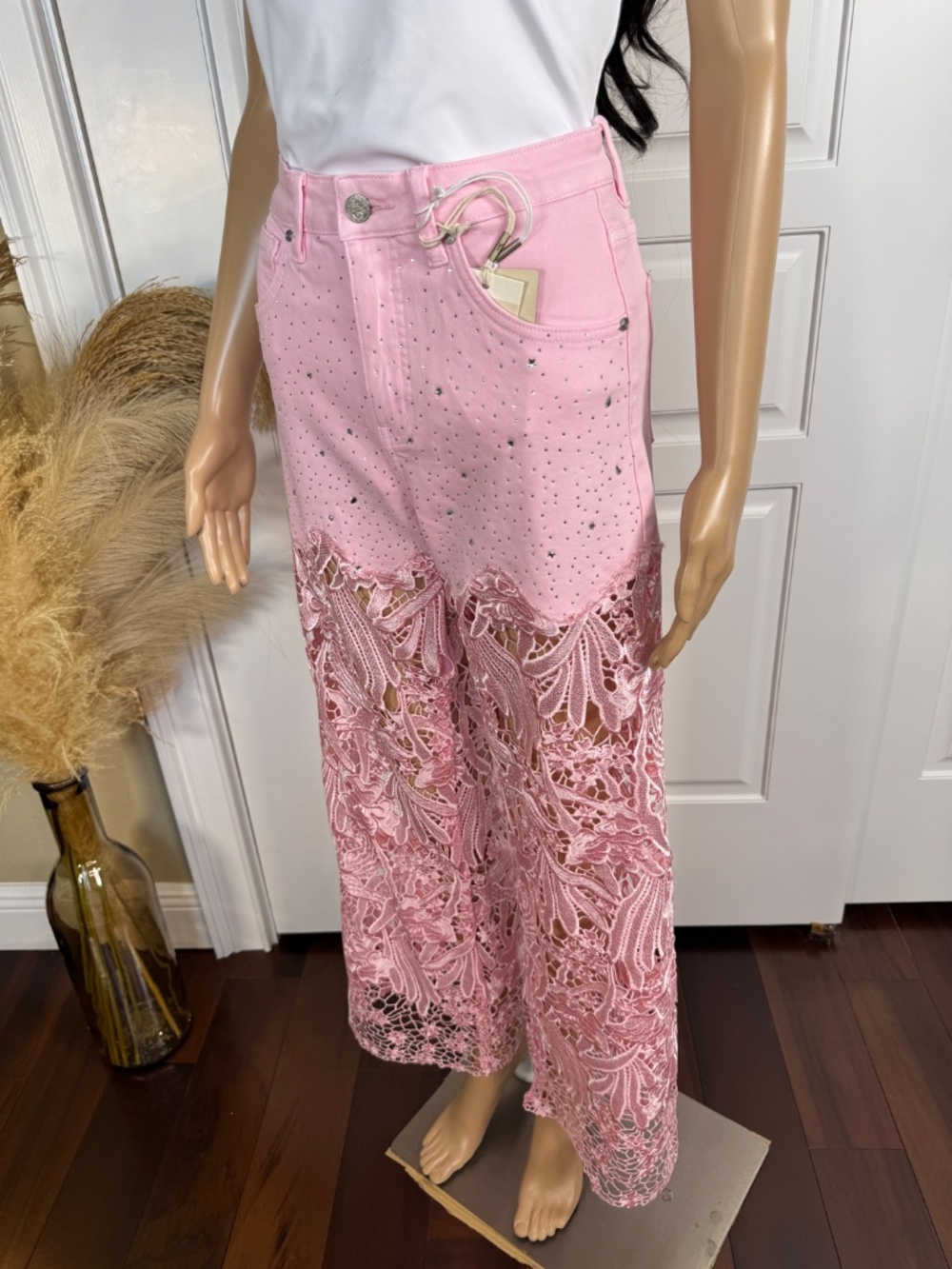 PINK HIGH WAIST CRYSTAL EMBELLISHED CURVE HUGGING WIDE LEG LACE JEANS - Picture 7 of 15